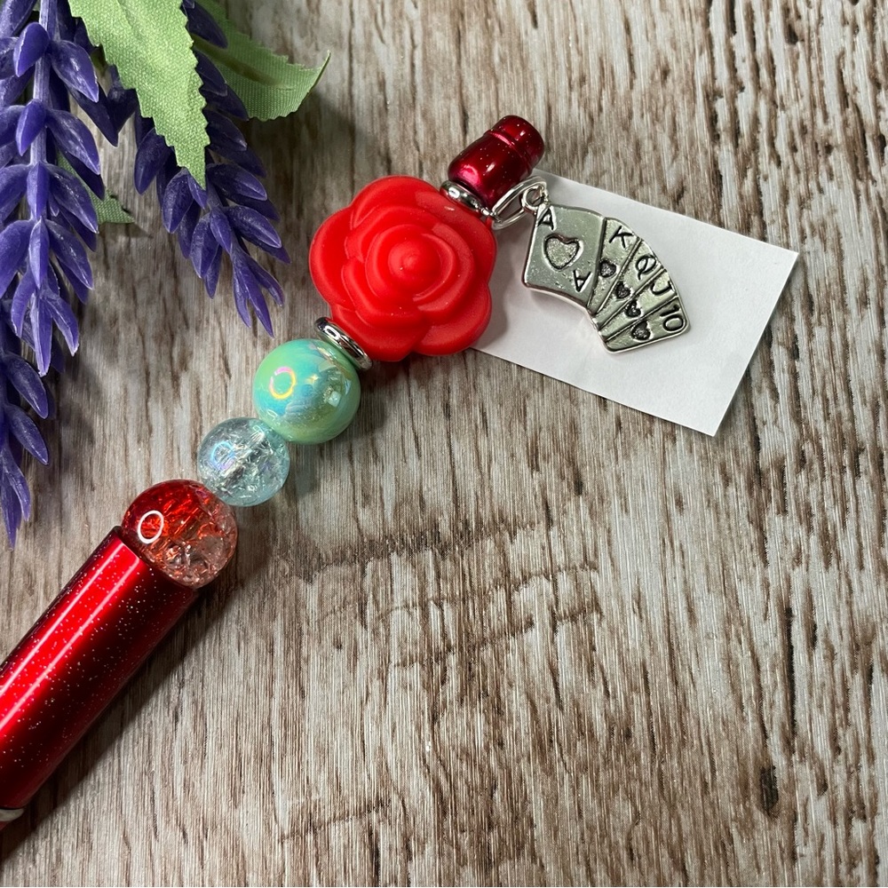 Writing Pen Flower Poker Artisan Beaded Silicone Gift Custom Handcrafted Office - Picture 2 of 5
